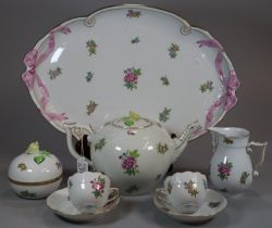 Herend Hungary porcelain cabaret set, overall decorated with floral sprays and encrusted rosebuds as