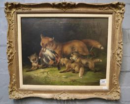 British School (19th century), Vixen with cubs and Mallard Drake prey. Oils on canvas. 61cm x 51cm