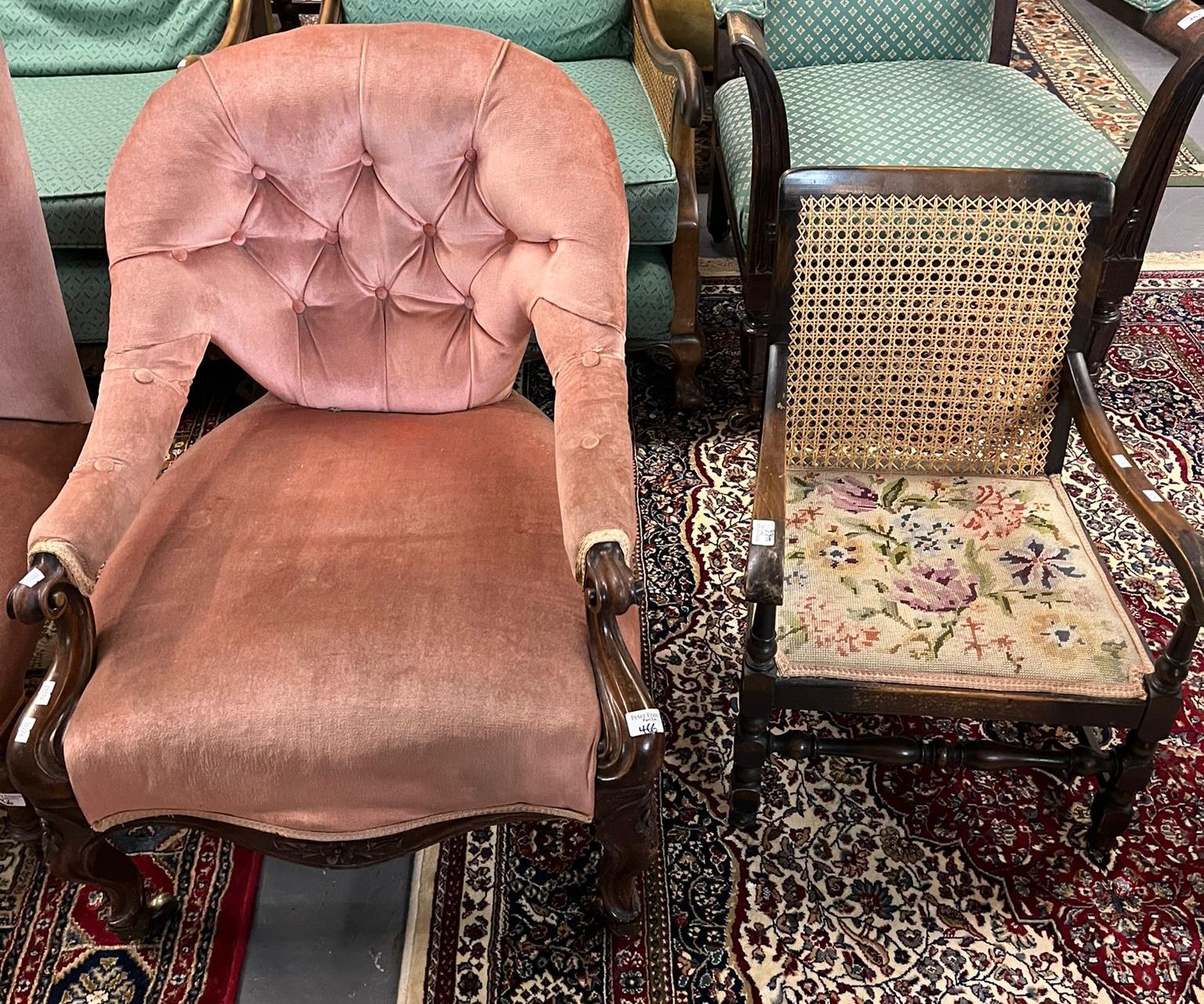 Collection of chairs to include: prie-dieu chair, Victorian walnut button back show frame fireside