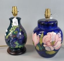Two Moorcroft pottery tube lined table lamp bases, of baluster form in the 'Anemone' and 'Blue