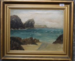British School (early 20th century indistinctly signed), coastal scene with rocky cliffs, indistinct