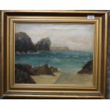 British School (early 20th century indistinctly signed), coastal scene with rocky cliffs, indistinct