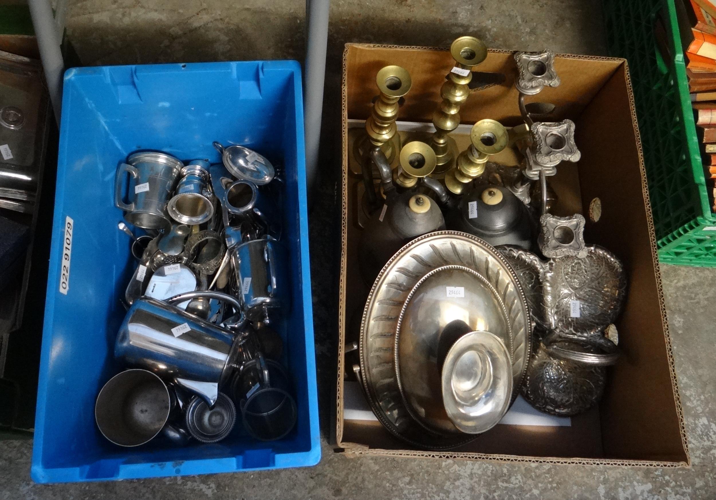 Five boxes of metalware, mostly silver plate to include: loose cutlery, water and milk jugs, - Image 3 of 3