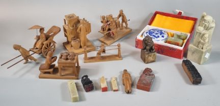 Mixed lot of Oriental items to include: carved wood figures, stone seal and porcelain seal past