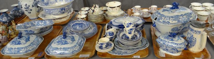 Four trays of mostly 19th Century blue and white china to include: Mason's patent ironstone 'Blue