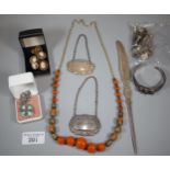 Bag of assorted items to include: silver plated novelty paper opener in the form of a feather,