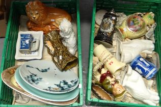 Two crates of china to include: Staffordshire seated Spaniels, German beer stein, Tony Wood toby