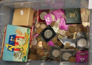 Plastic box of assorted coinage: GB, copper, Winston Churchill Commemorative Crowns, Festival of