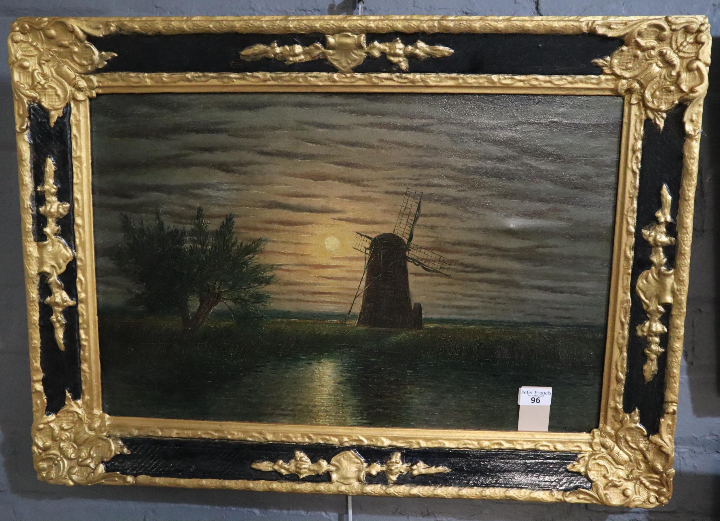 British School (19th century), Suffolk windmill in the moonlight, labelled verso. Oils on canvas.