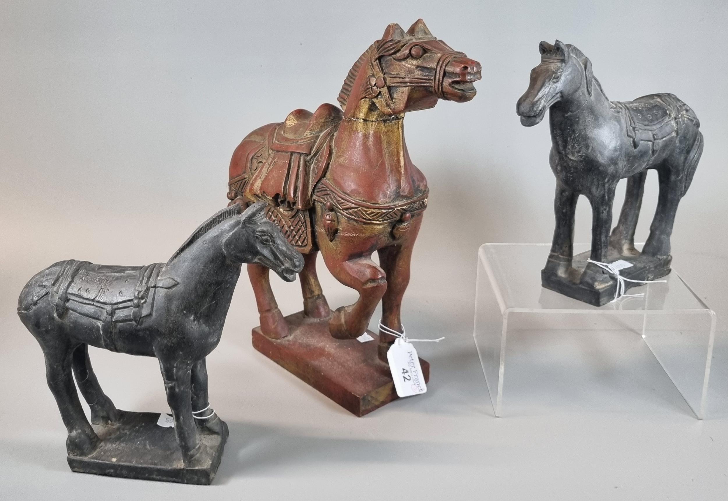 Group of three Tang style horses, one red and gilt wood. (3) (B.P. 21% + VAT)