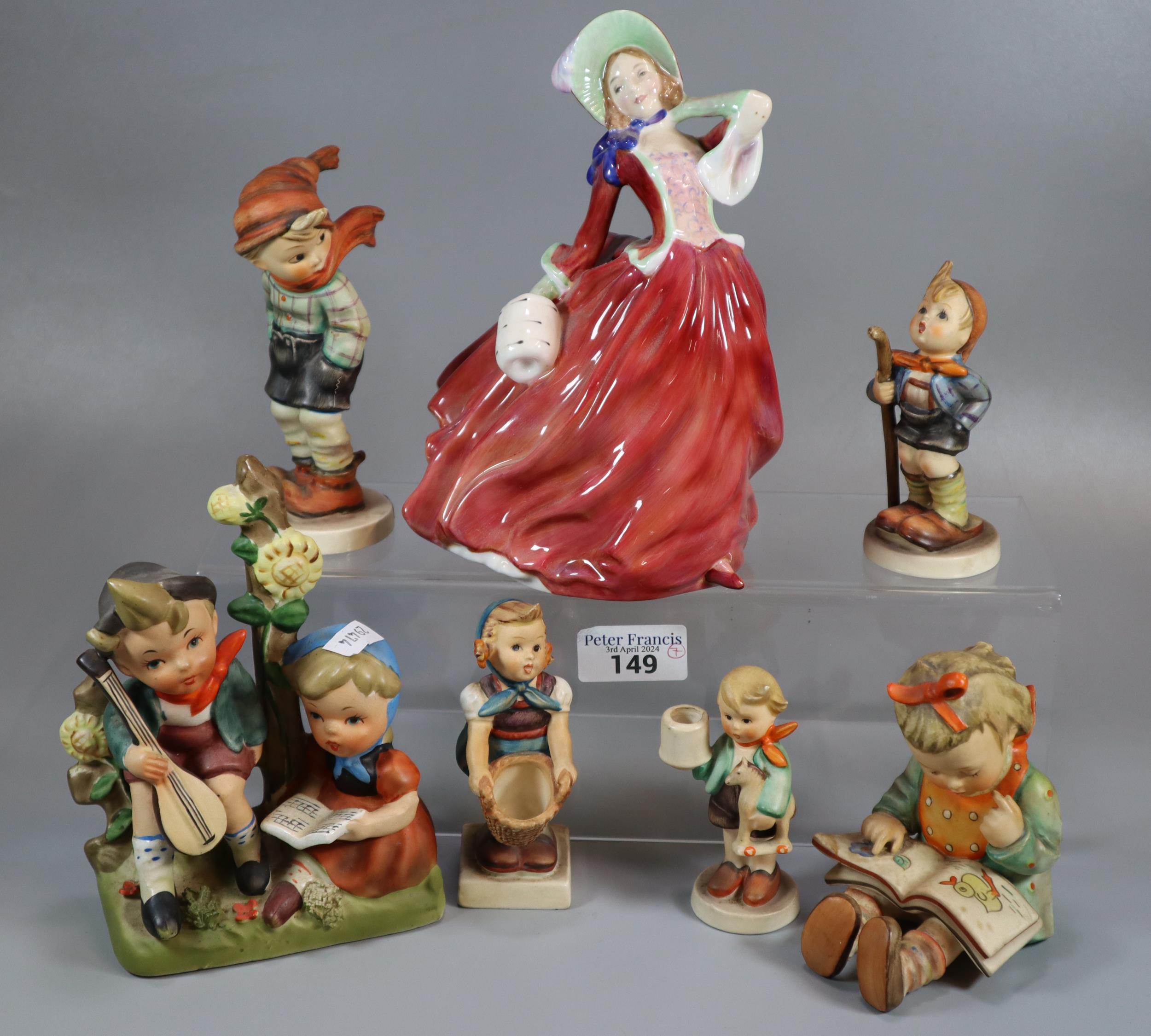 Collection of Hummel and similar figurines together with a Royal Doulton bone china figurine 'Autumn