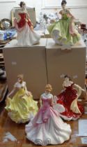 Five boxed Royal Doulton figurines to include: Pretty Ladies 'Summer' HN5322, 'Winter Ball'