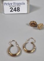 Pair of small 9ct gold hoop earrings. 1.1g approx. together with a pair gold Victorian oval earrings