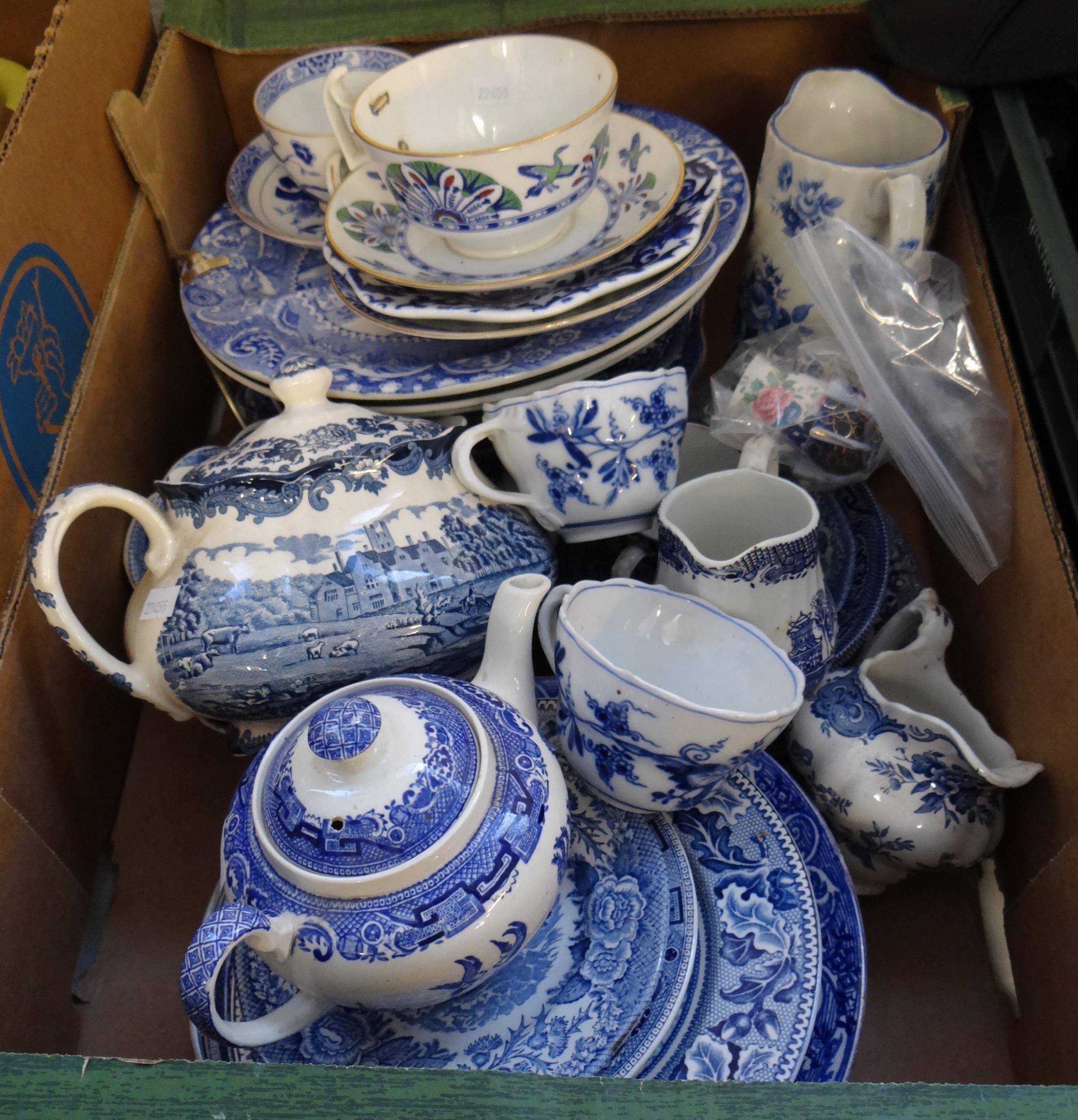 Box of mostly blue and white china to include: two Meissen 'Blue Onion' design teacups (one a