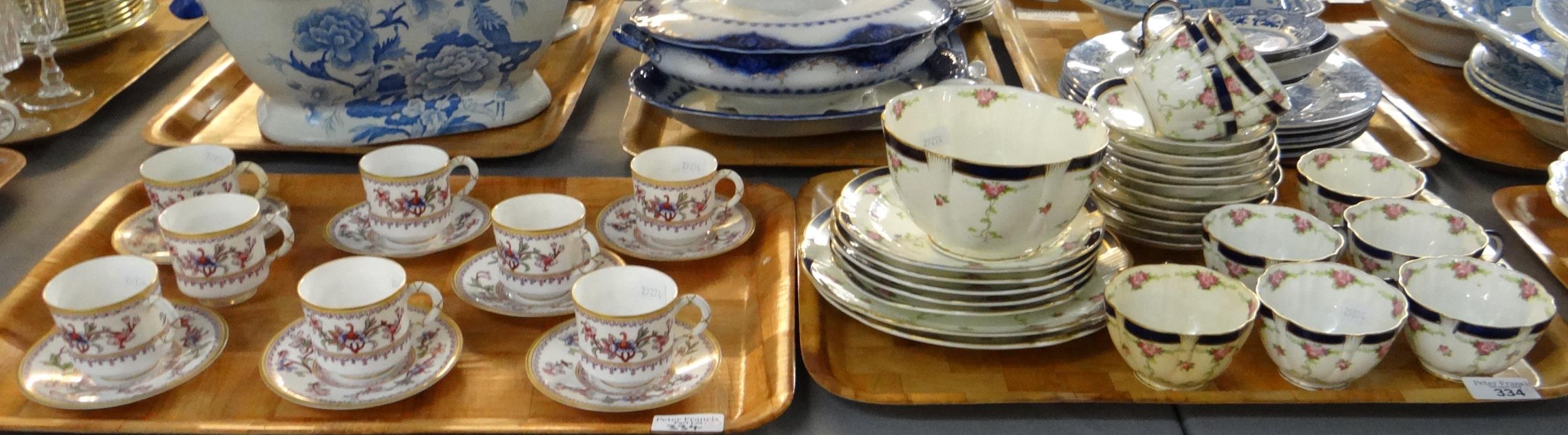 Two trays of china; one tray of Crescent china rose design teaware and a tray of Royal Worcester