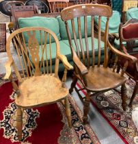 Elm and mixed woods slat back farmhouse kitchen armchair together with an early 20th century elm and