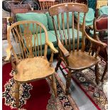 Elm and mixed woods slat back farmhouse kitchen armchair together with an early 20th century elm and