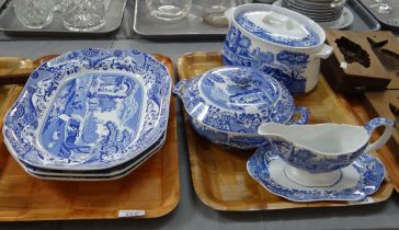 Two trays of blue and white transfer printed Copeland Spode 'Italian' and 'Alonite' design china