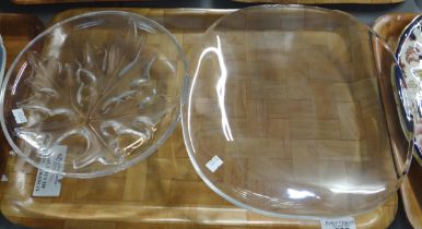 Tray containing two modern Lalique glass dishes; one plain and one with moulded maple leaf