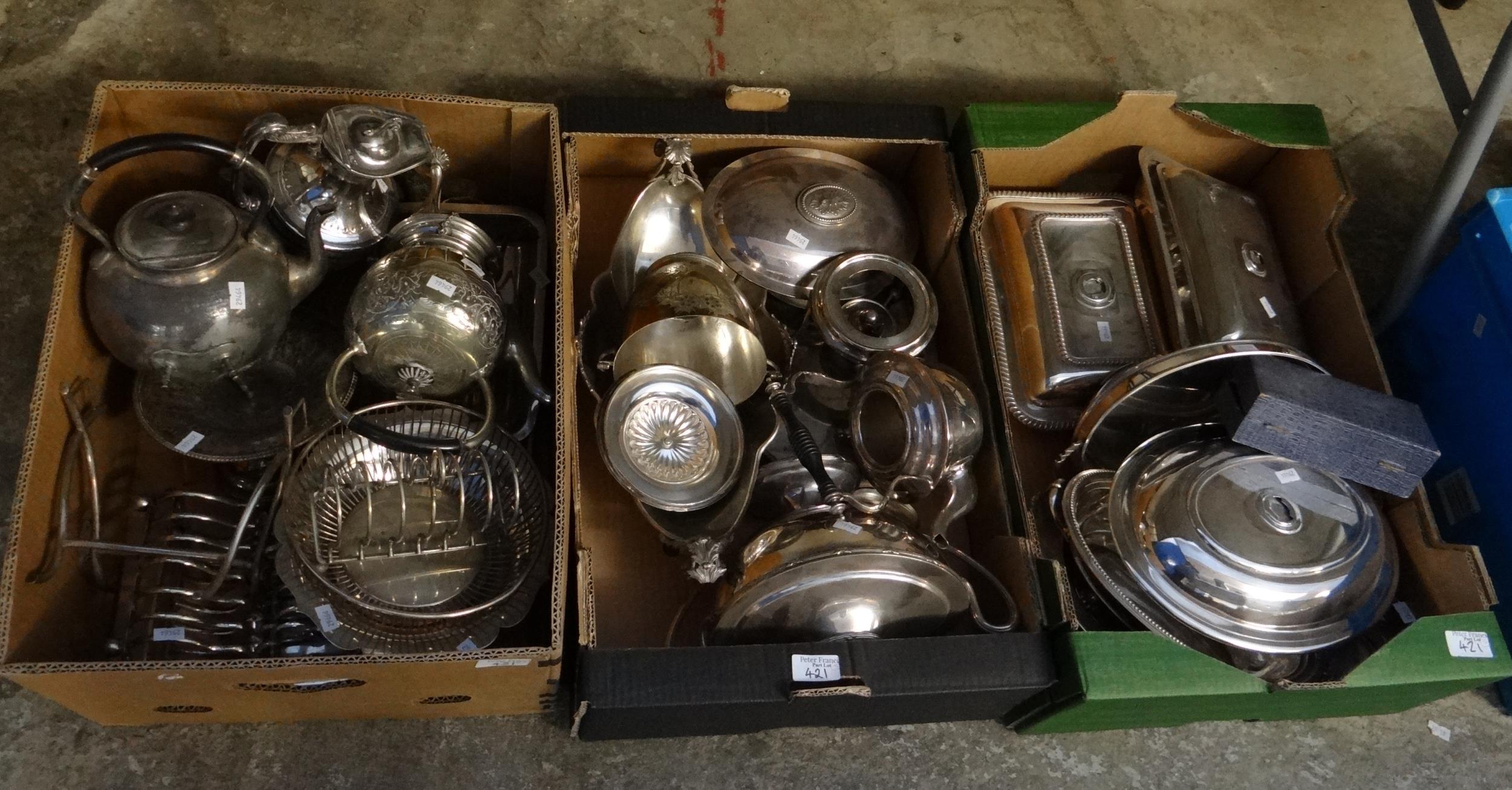 Five boxes of metalware, mostly silver plate to include: loose cutlery, water and milk jugs, - Image 2 of 3