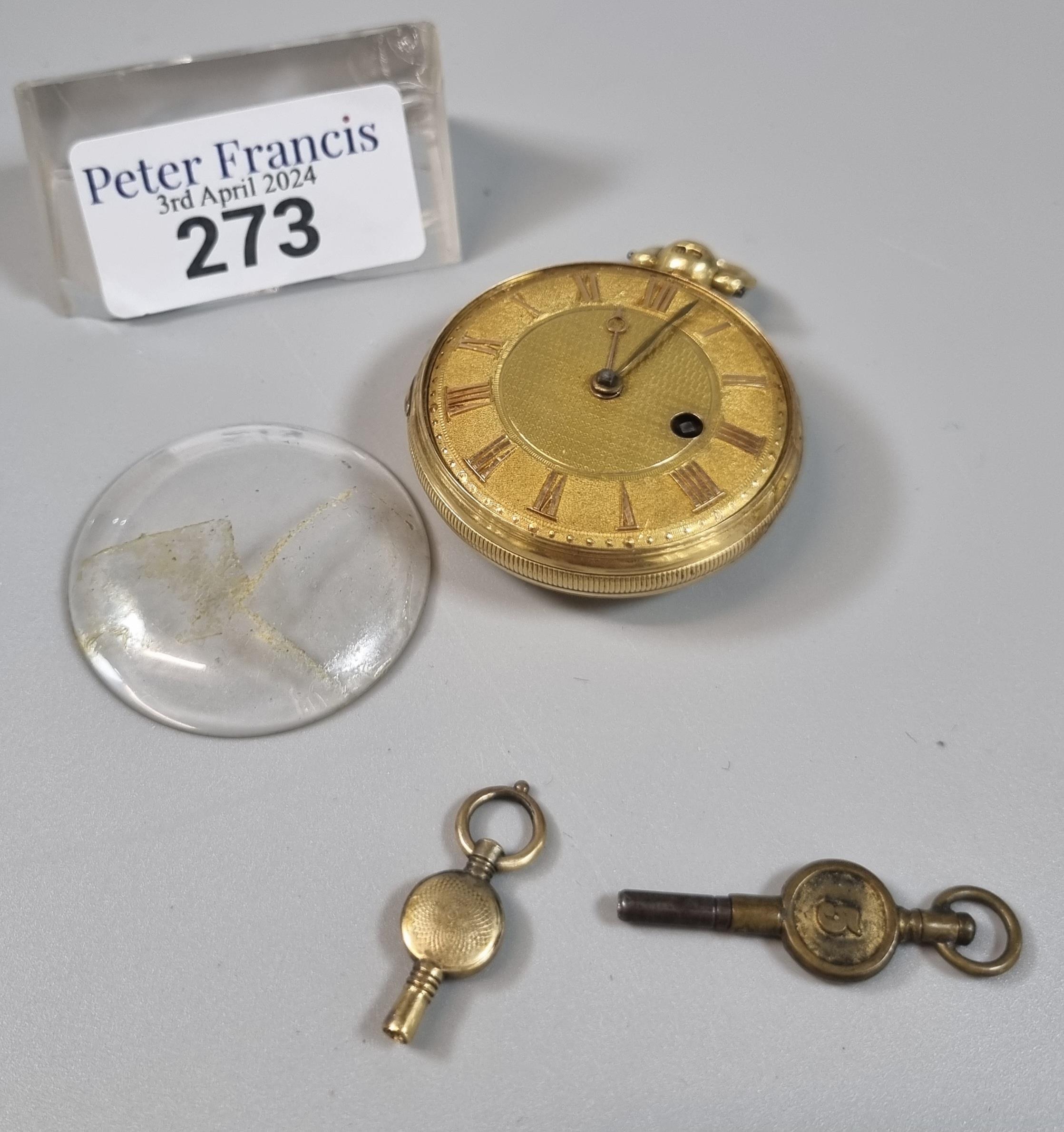 19th century 18ct gold keyless fusee movement open face pocket watch with engine turned case and