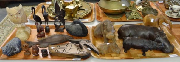 Two trays of mostly carved wooden and other animal models to include: hippos, rhino, elephant,