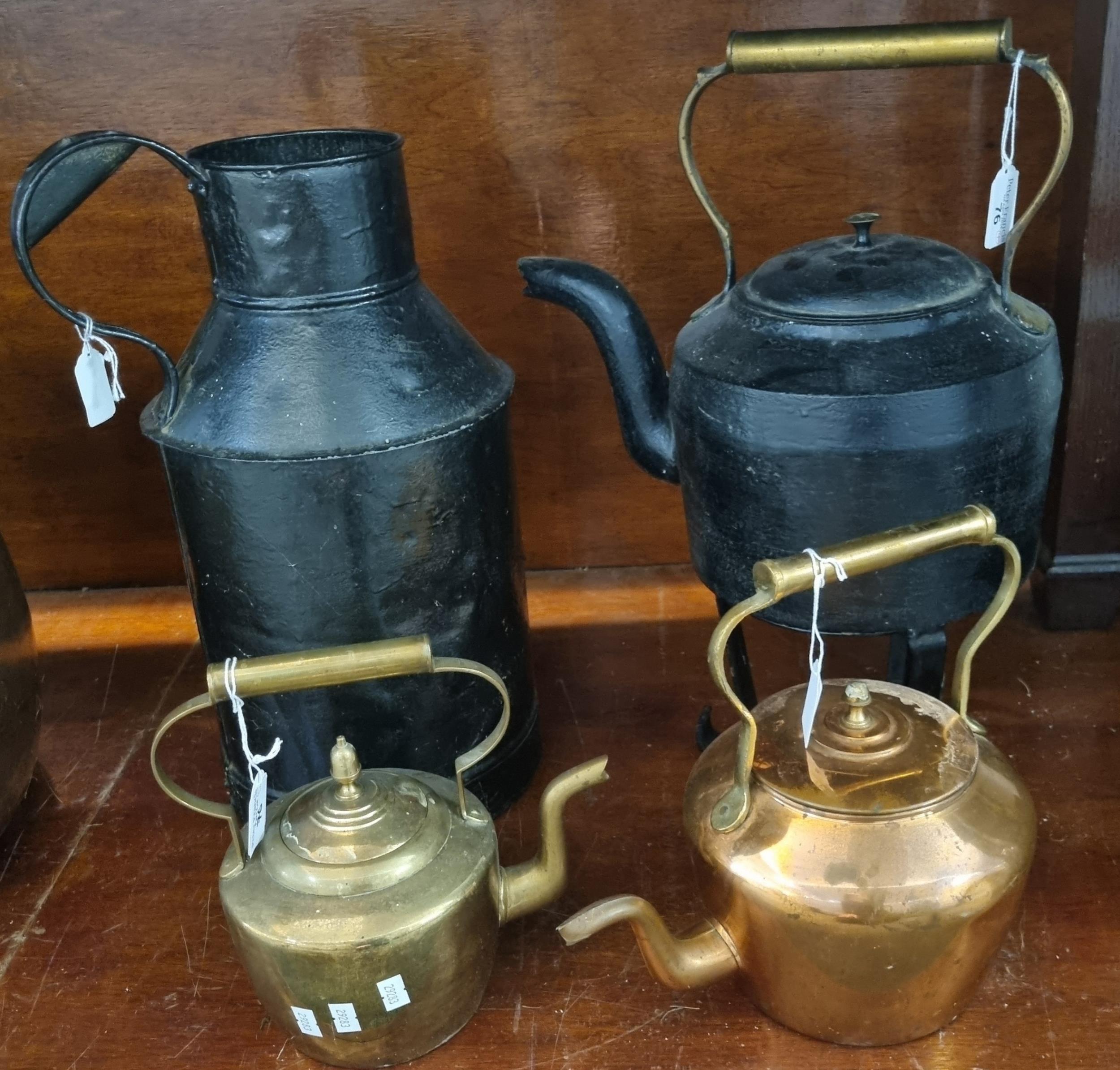 Collection of metalware to include: galvanised milk churn and three teapots, one copper, one brass