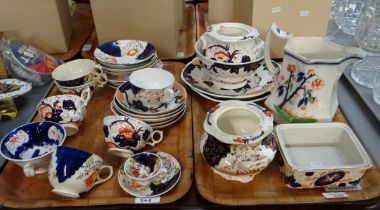 Two trays of mainly 19th century Gaudy Welsh 'Imari' design part tea and dinner ware items including
