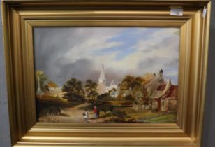 British School (19th century), a village scene with figures and distinctive church spire, oils on