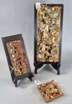 Collection of Chinese style gilt wood wall hangings with pierced decoration depicting figures: foo