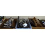 Three boxes of metalware to include: plated trays, teapots, sugar bowls, serving dishes, pedestal