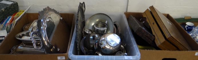 Three boxes of metalware to include: plated trays, teapots, sugar bowls, serving dishes, pedestal