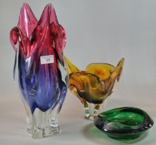Collection of mid century Murano design glass to include: two vases and an ash tray, the tallest