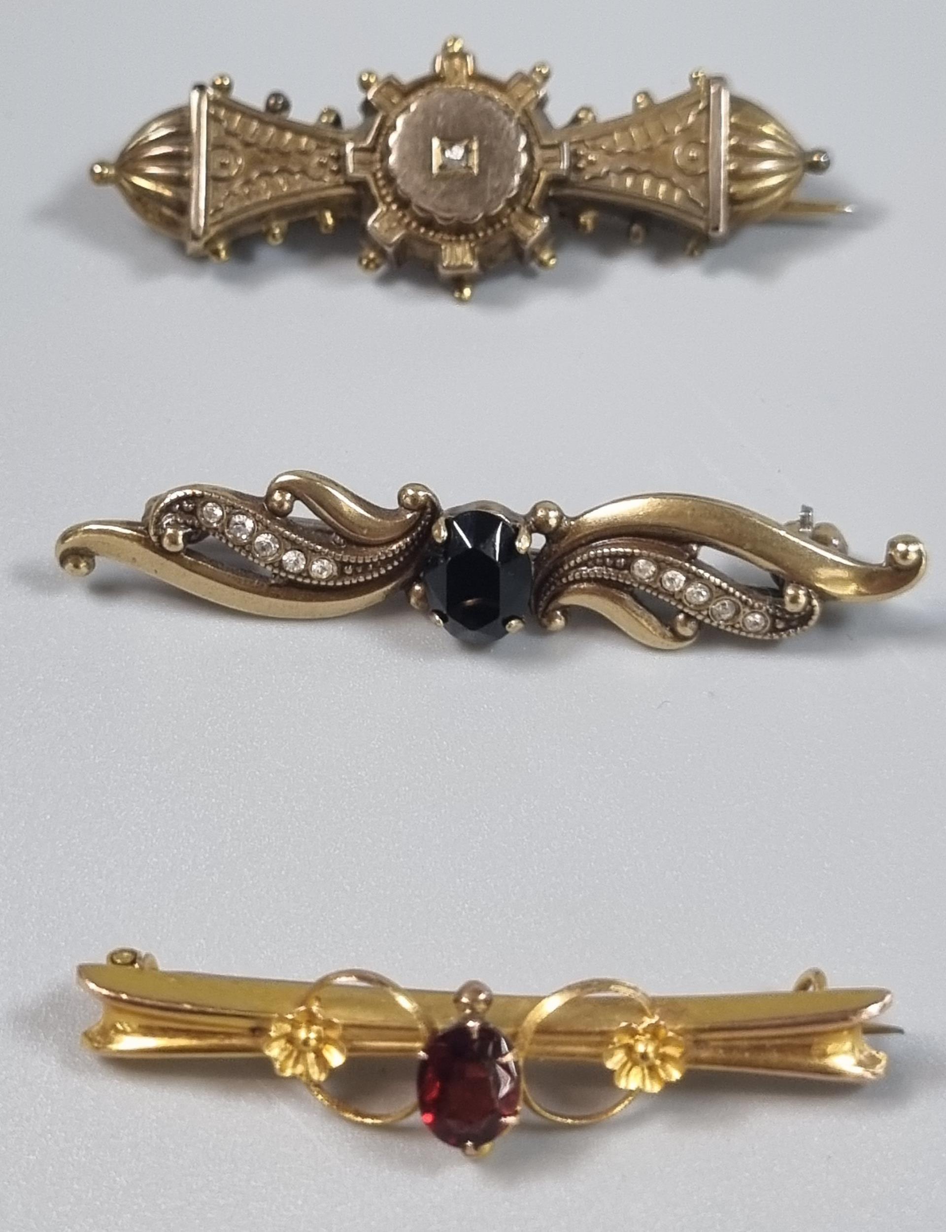 Edwardian design 9ct gold and red stone bar brooch together with a Victorian gold and silver - Image 2 of 2