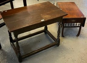 Edwardian mahogany single drawer drop leaf table of low and small proportions together with a 17th