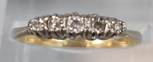 Gold, probably 18ct, five stone diamond ring (indistinct hallmarks). 2g approx. Size L1/2. (B.P. 21%