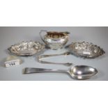 Bag of silver to include: fluted cream jug, 18th century spoon, pair of bonbon dishes and pair of