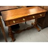 Victorian stretcher table, the moulded top above two drawers on baluster turned supports and central