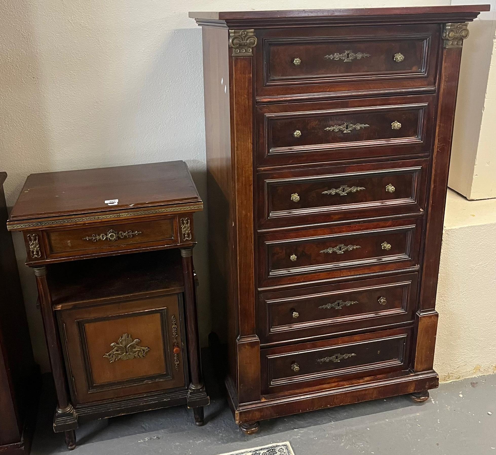Good quality early 20th century French design tall chest of six mahogany moulded drawers with gilt
