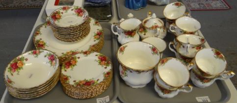 Two trays of Royal Albert 'Old Country Roses' design teaware to include: teacups and saucers,