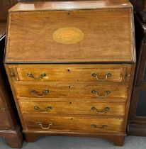 Edwardian mahogany inlaid fall front bureau, the interior with assorted compartments and drawers