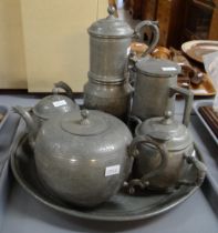 Chinese Kut Hing Swatow pewter six piece tea and coffee set on tray with engraved decoration. (B.