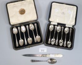 Two cased sets of six silver teaspoons. 4.7 troy oz approx., together with another silver spoon