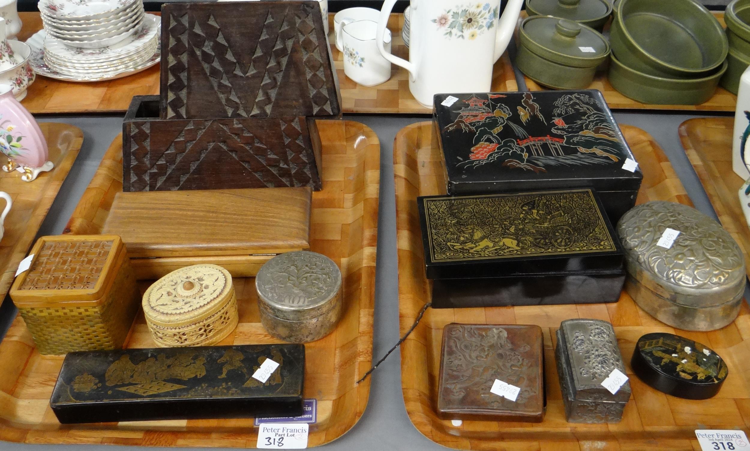 Two trays of various mostly oriental design boxes to include: repousse copper box with oriental