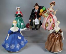 Three Royal Doulton bone china figurines to include: 'The Balloon Man', 'The Twelve days of