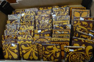 Box of late 19th/early 20th Century floral and foliate design tiles, mostly Craven, Dunnill & Co