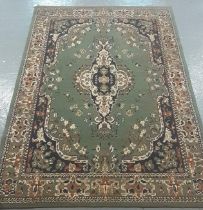 Modern green ground Axminister type floral and foliate carpet with central medallion. 233x170cm