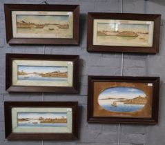 A group of five Oriental cork art landscapes/collages, all depicting river scenes including: