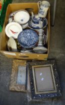 Box of assorted items to include: picture frames, various china; maiolica candlestick, miniature