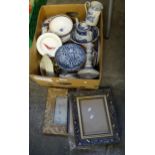 Box of assorted items to include: picture frames, various china; maiolica candlestick, miniature